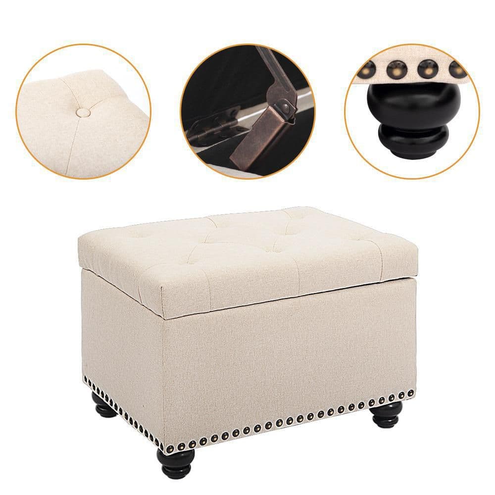 Beige Linen Tufted Storage Ottoman Bench with Wood Legs