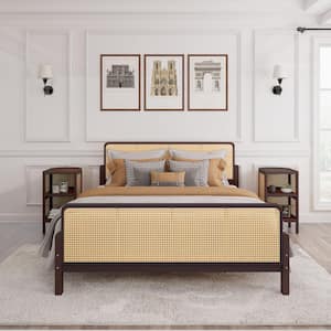 Walnut Brown Wooden Frame Full Size Platform Bed with Rattan and 2-Nightstands