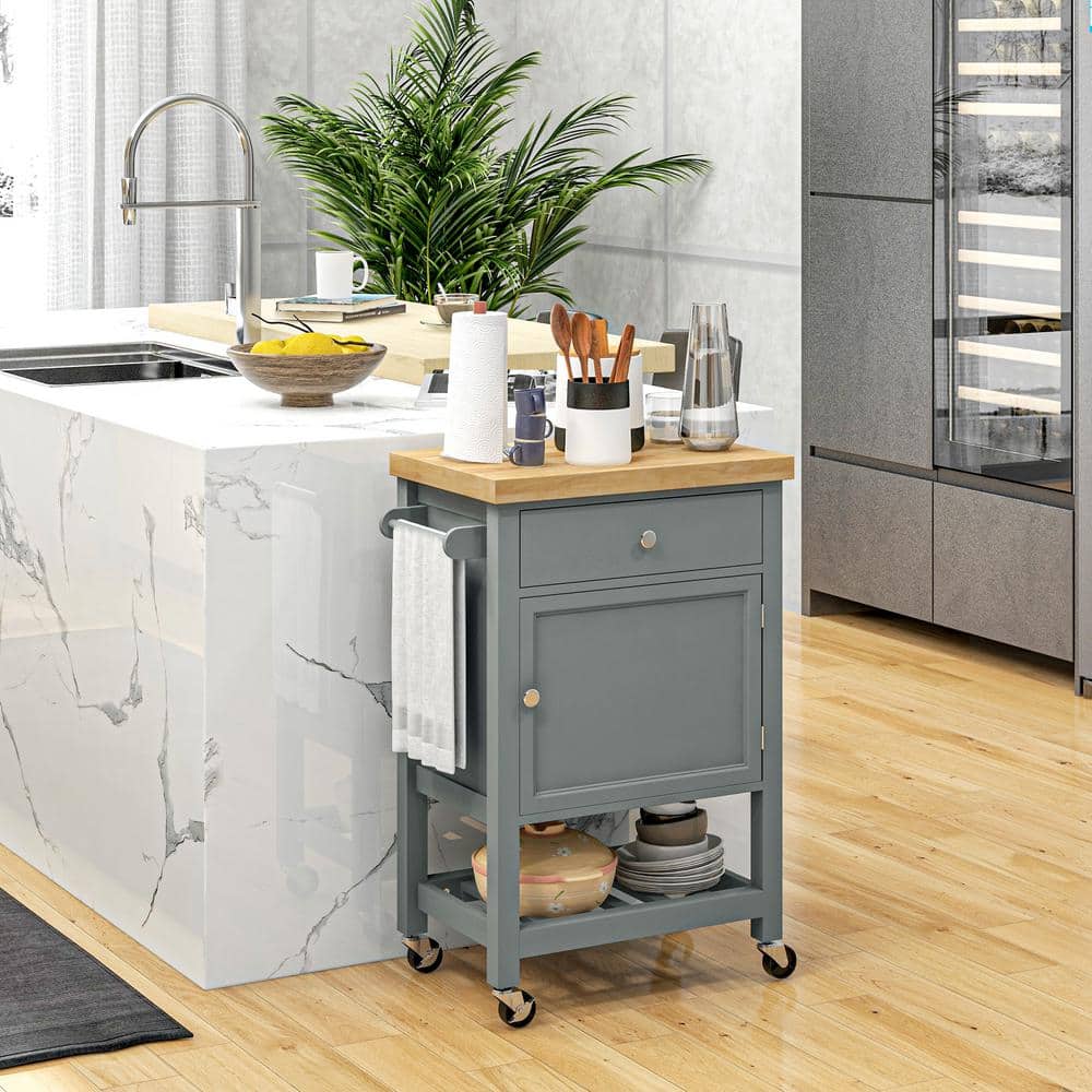 Gray Wood Rolling Kitchen Cart with Butcher Block Top and Storage