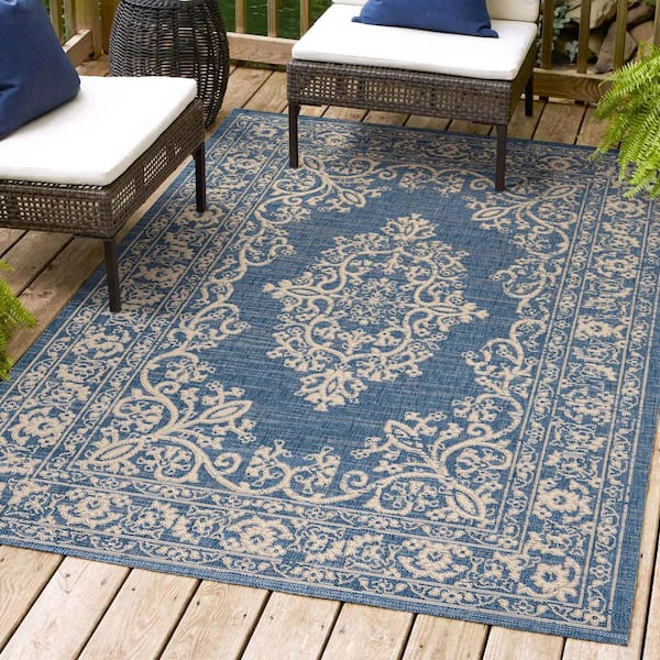 JONATHAN Y Galon Filigree Blue/Beige 3 ft. x 5 ft. Indoor/Outdoor Area Rug