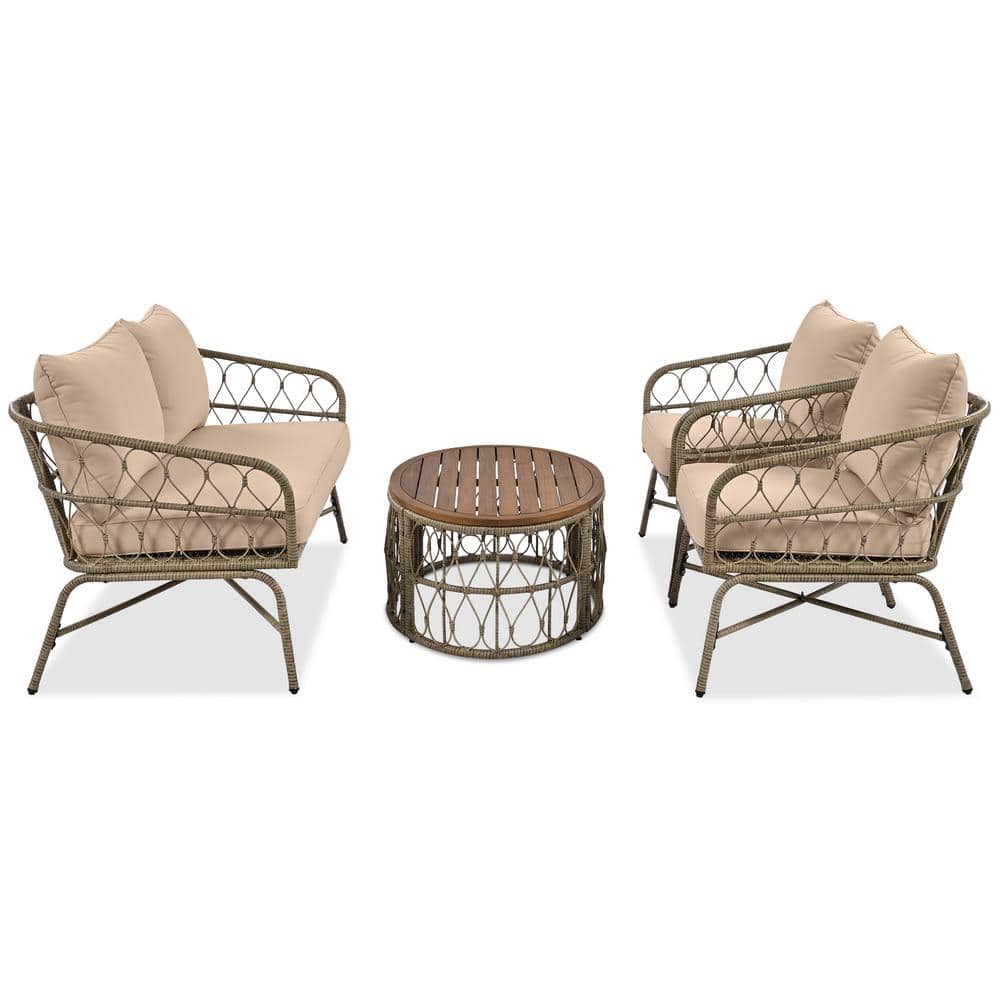 4-Piece Beige Wicker Patio Set with Brown Wood Table