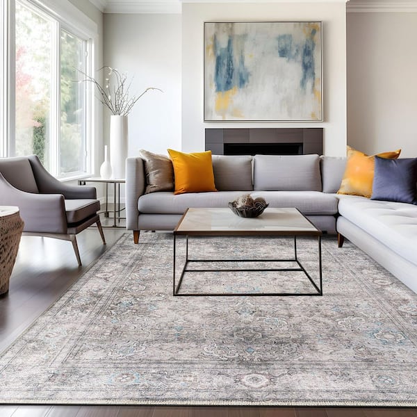 Transitional Distressed Vintage Machine Washable Olive 9 ft. x 12 ft. Area Rug