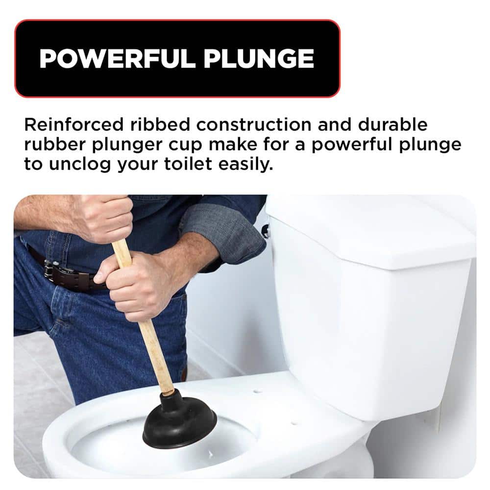 Heavy Duty Black Rubber Toilet Plunger with 18 in. Wooden Handle