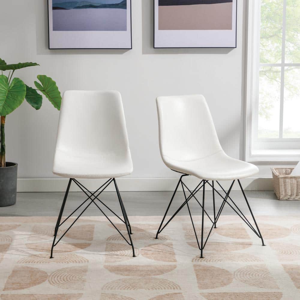 White Faux Leather Upholstered Side Chair with Metal Legs, 2-Pack