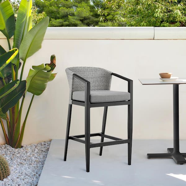 Armen Living Aileen 26 in. Counter Height Aluminum and Wicker Outdoor Bar Stool with Grey Cushions