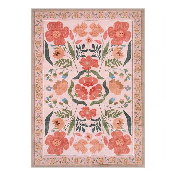 Cottagecore Floral Washable Non-Slip Beige 5 ft. x 7 ft. Area Rug