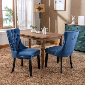 High-end Blue Tufted Contemporary velvet Nailhead Trim Upholstered Dining Chair with Wood Legs (Set of 2)
