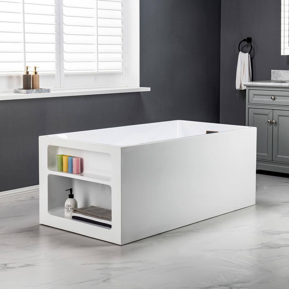 59'' x 29.5'' Freestanding Rectangular Acrylic Soaking Bathtub with Built-In Storage