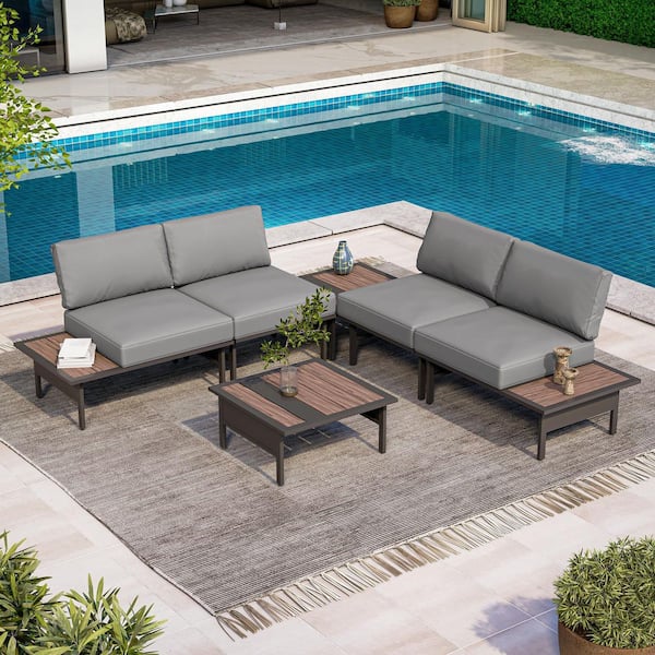 LAUSAINT HOME Gray 6-Piece Metal Patio Conversation Set with Gray Cushions and Coffee Table
