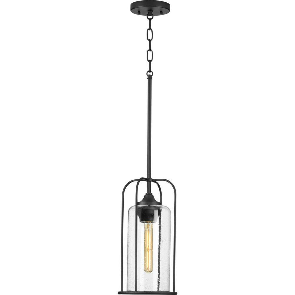 Textured Black Farmhouse Hanging Pendant Lantern with Seeded Glass Shade