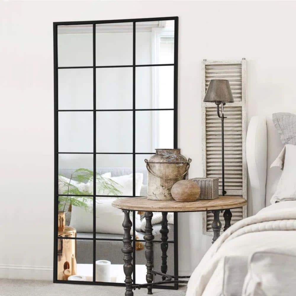 30 in. W x 69 in. H Industrial Full Length Iron Frame Window Mirror in Blac