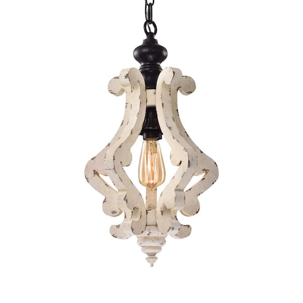 Edvivi 1-Light Matte Black Vintage Distressed Antique White Birch Wood Pendant