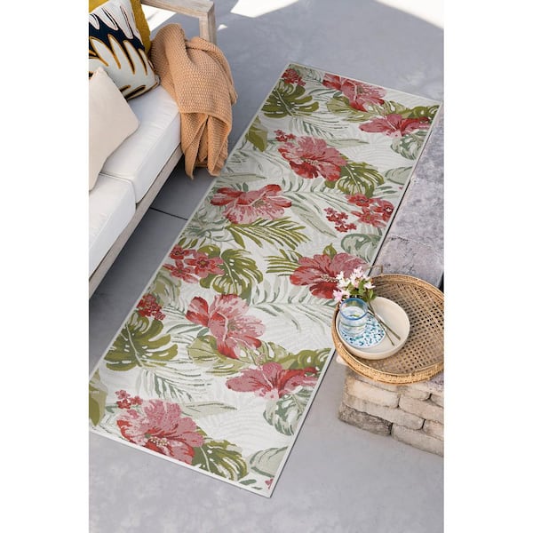 Stunning Cream 2 ft. x 8 ft. Floral Indoor/Outdoor Runner Rug