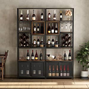 36-Bottle Industrial Black Wooden Bar Wine Rack with Glass Holder, Freestanding, 5-Tier Design