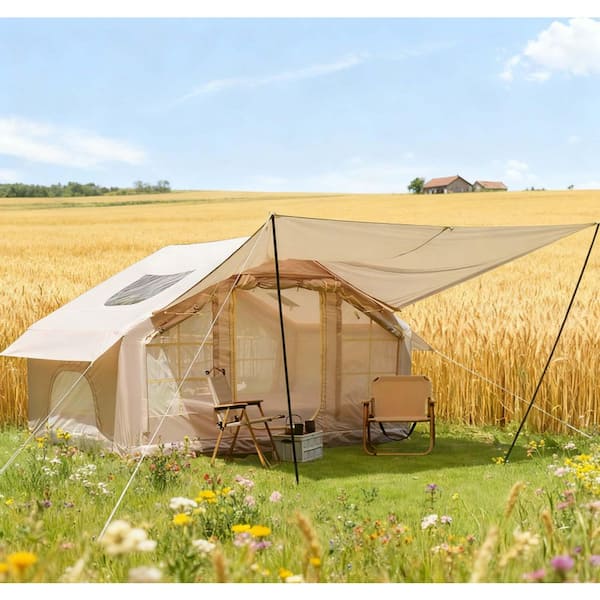LuckByte 9.83 ft. x 6.83 ft. Beige Camping Tent with Clear