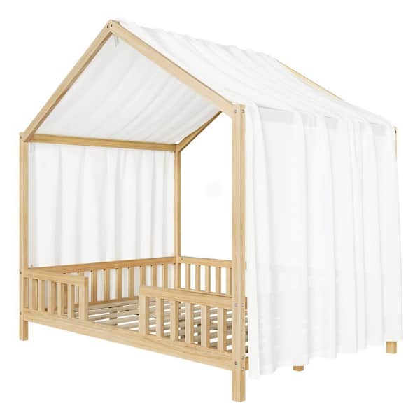 Kendral Natural Full Size Wood House Bed Canopy Bed with Roof, Fence Guardrails