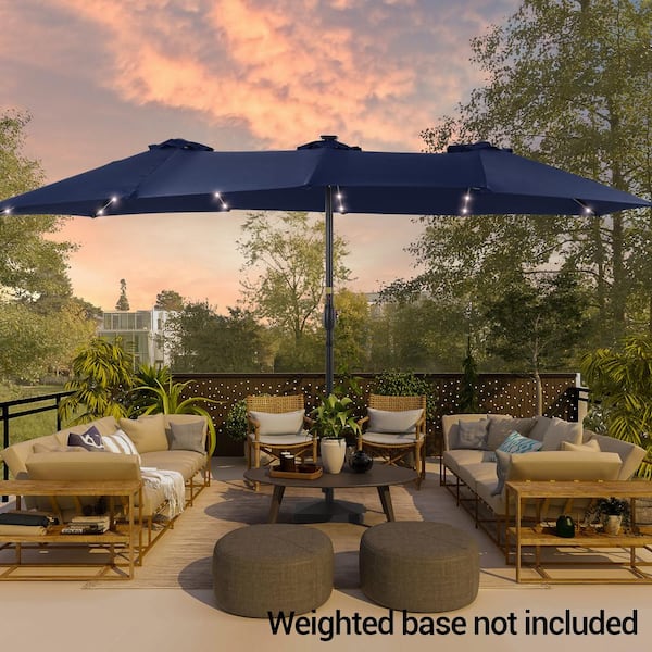 15 ft. x 9 ft. LED Outdoor Double-Sided Umbrella Market Patio Umbrella in Navy Blue