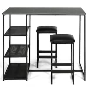 Black 3-Piece Dining Set with Faux Marble Top Table and 2 Stools