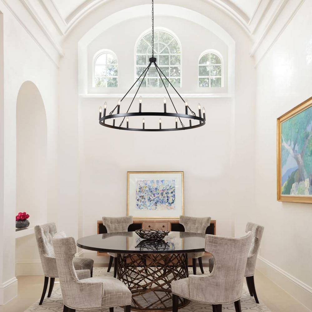 Matte Black 47-Inch Metal Candle Wagon Wheel Chandelier