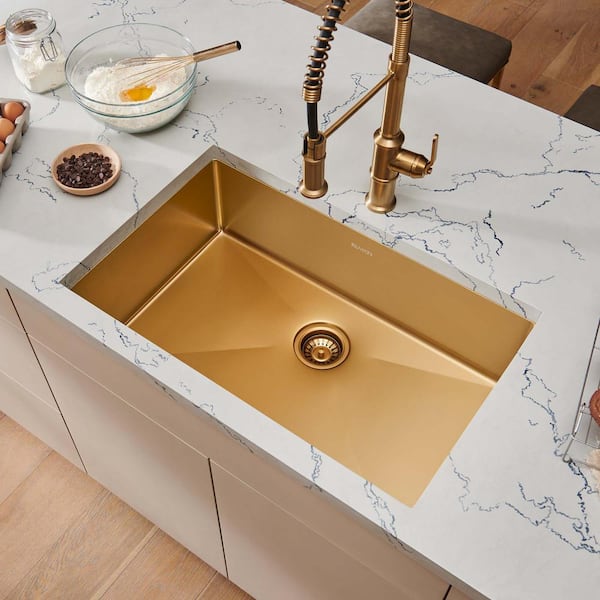 Terraza 30 in. Undermount SIngle Bowl 16-Gauge Stainless Steel Kitchen Sink in Satin Brass Matte Gold