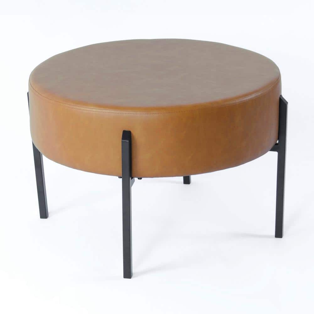 Carmel Faux Leather Round Ottoman with Black Metal Legs