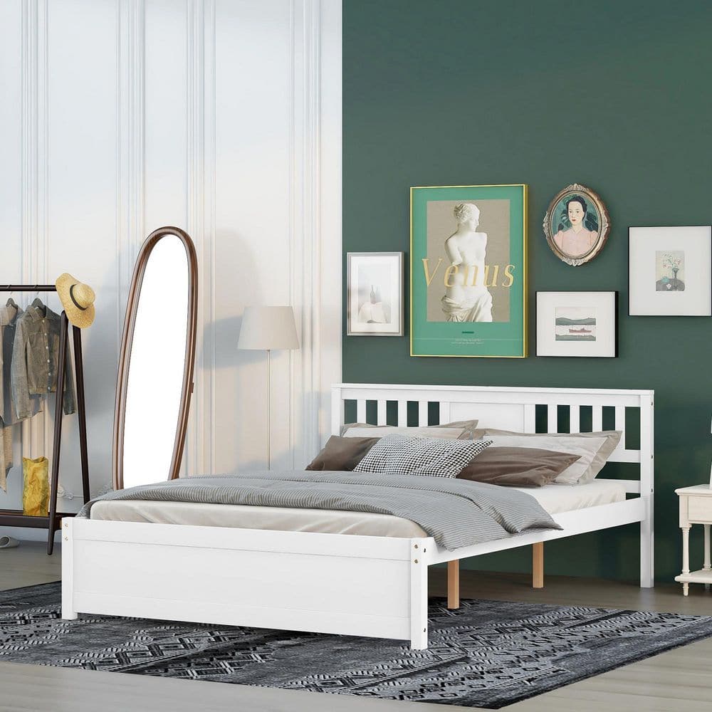 GODEER White Wood Frame Queen Modern Design Platform Bed Frame with ...