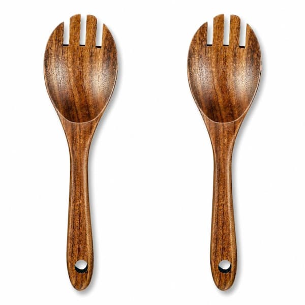 2-Piece Natural Wood Salad Servers Set 10.2 in. Salad Spoon and Fork with Hanging Hole for Tossing Use