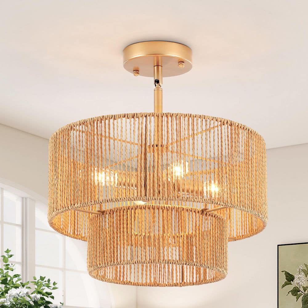 4-Light Gold Natural Rattan Double Tiered Pendant Light for Dining Rooms and Living Spaces price history on PriceWatchPro