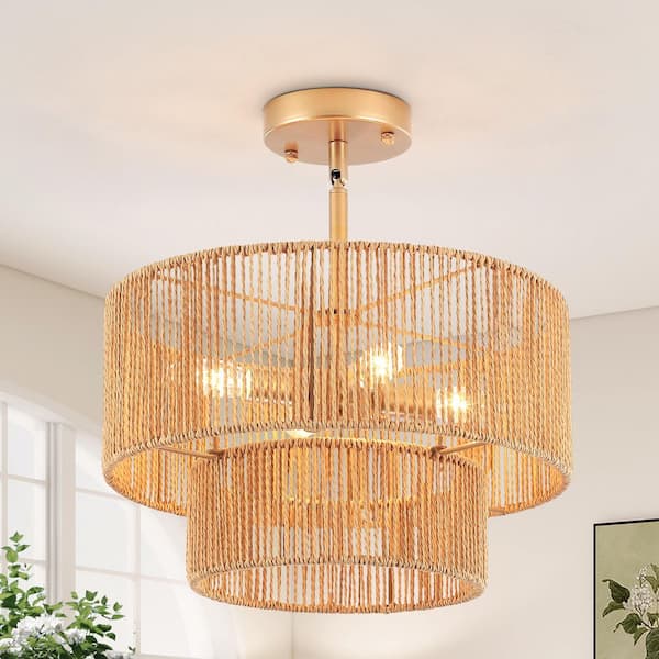 4-Light Gold Natural Rattan Double Tiered Pendant Light for Dining Rooms and Living Spaces