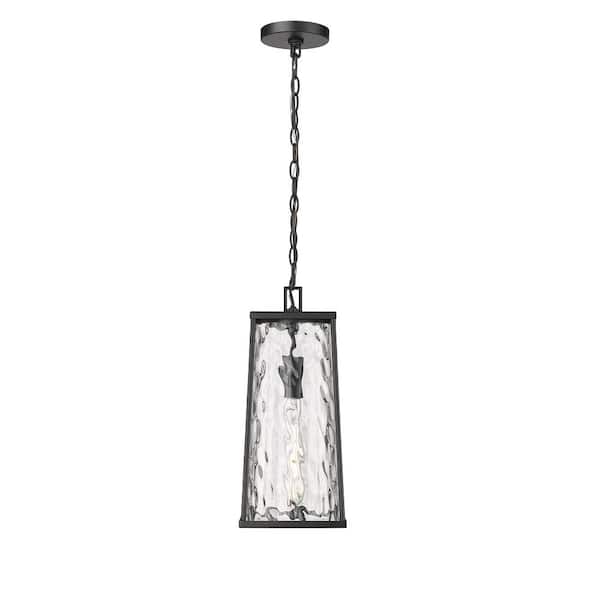 Millennium Lighting Dutton 17.5 in. 1-Light Powder Coated Black Dimmable Outdoor Pendant Light with Clear Water Textured No Bulbs Included