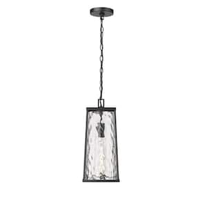 Dutton 17.5 in. 1-Light Powder Coated Black Dimmable Outdoor Pendant Light with Clear Water Textured No Bulbs Included