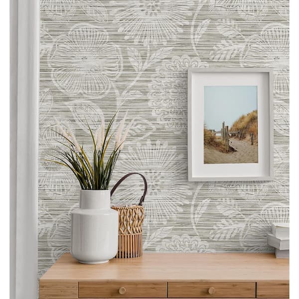 17.08 sq. ft. Harbor Grey Faux Grass Floral Vinyl Peel and Stick Wallpaper Roll