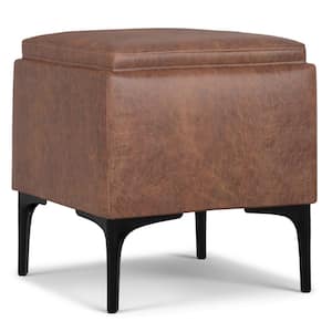 Natasha 18 in. Contemporary Square Mid Century Storage Ottoman with Tray in Distressed Saddle Brown Vegan Faux Leather