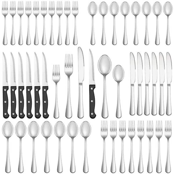 9 in. Full Tang 48 pcs Stainless Steel Mirror Polished Flatware Set Service for 8 with Steak Knives Dinner Forks Spoons