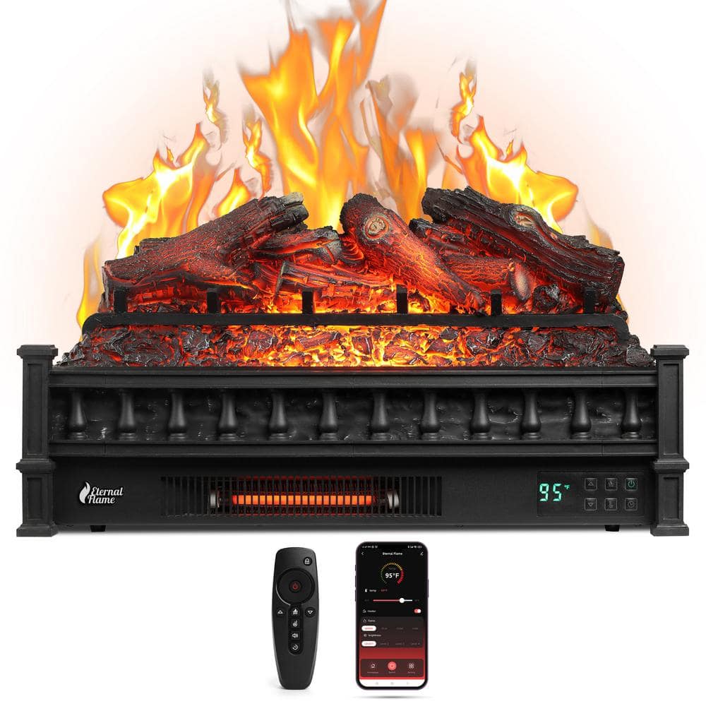Bergamo Electric Fireplace, 2 heating levels: 900 / 1800 W, thermostat, dimmable, realistic flame illusion: independent LED flame effect with resin  logs, storage space for logs