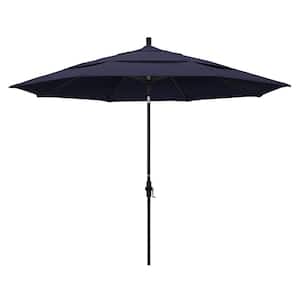 11 ft. Matted Black Aluminum Market Collar Tilt DV Patio Umbrella in Navy Blue Pacifica