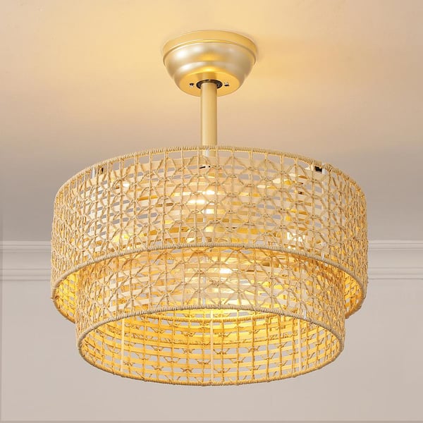 19 in. Indoor Gold Boho Enclosed Caged Layered Rattan Ceiling Fan with Light and Remote Control 6-Speed Reversible Motor