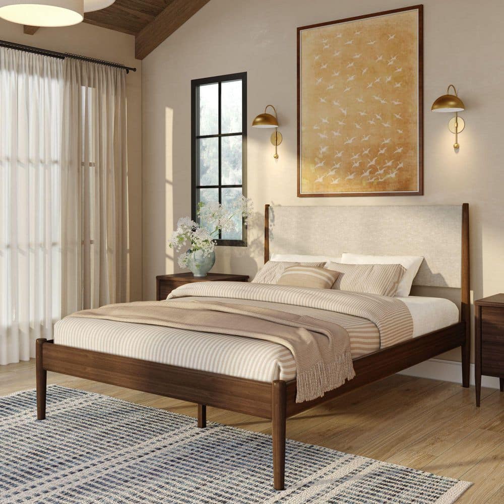 Harbor Brown Solid Wood Frame Queen Platform Bed with Upholstered Headboard