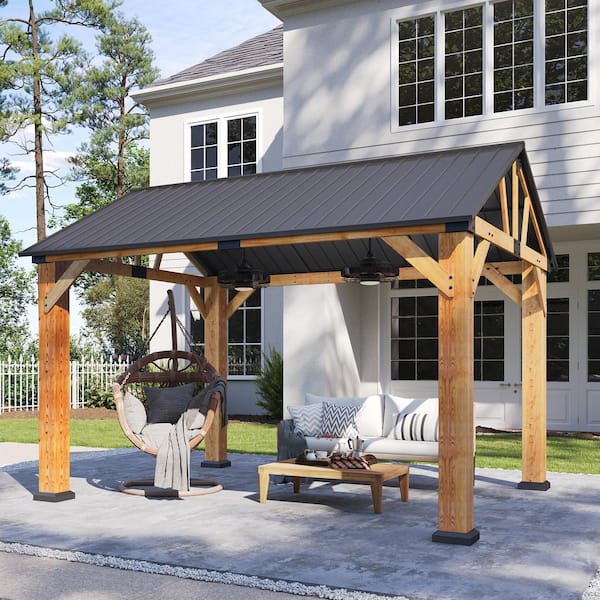 12 ft. x 10 ft. Wood Frame Outdoor Hardtop Gazebo with Galvanized Steel Roof and Ceiling Hook