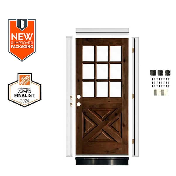 Krosswood Doors 36 in. x 80 in. Alder X-Panel Right-Hand 1/2 Lite Clear Glass Provincial Stain Wood Front Door Kit w/Quick Assemble Jamb