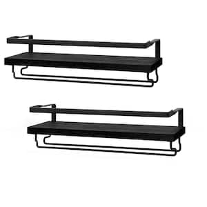 16.9 in. Black Wall Mounted Wine Rack, Wood Rustic Floating Shelves with Stemware Hanger (2-Pack)