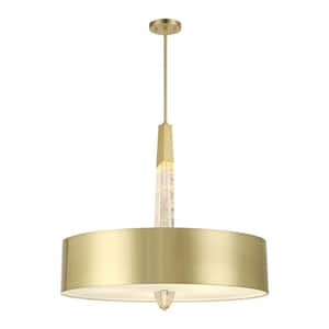 Drifting Droplets 6-Watt 5-Light Vintage Brass Drum LED Pendant Light With Faux Rock Crystal Shade