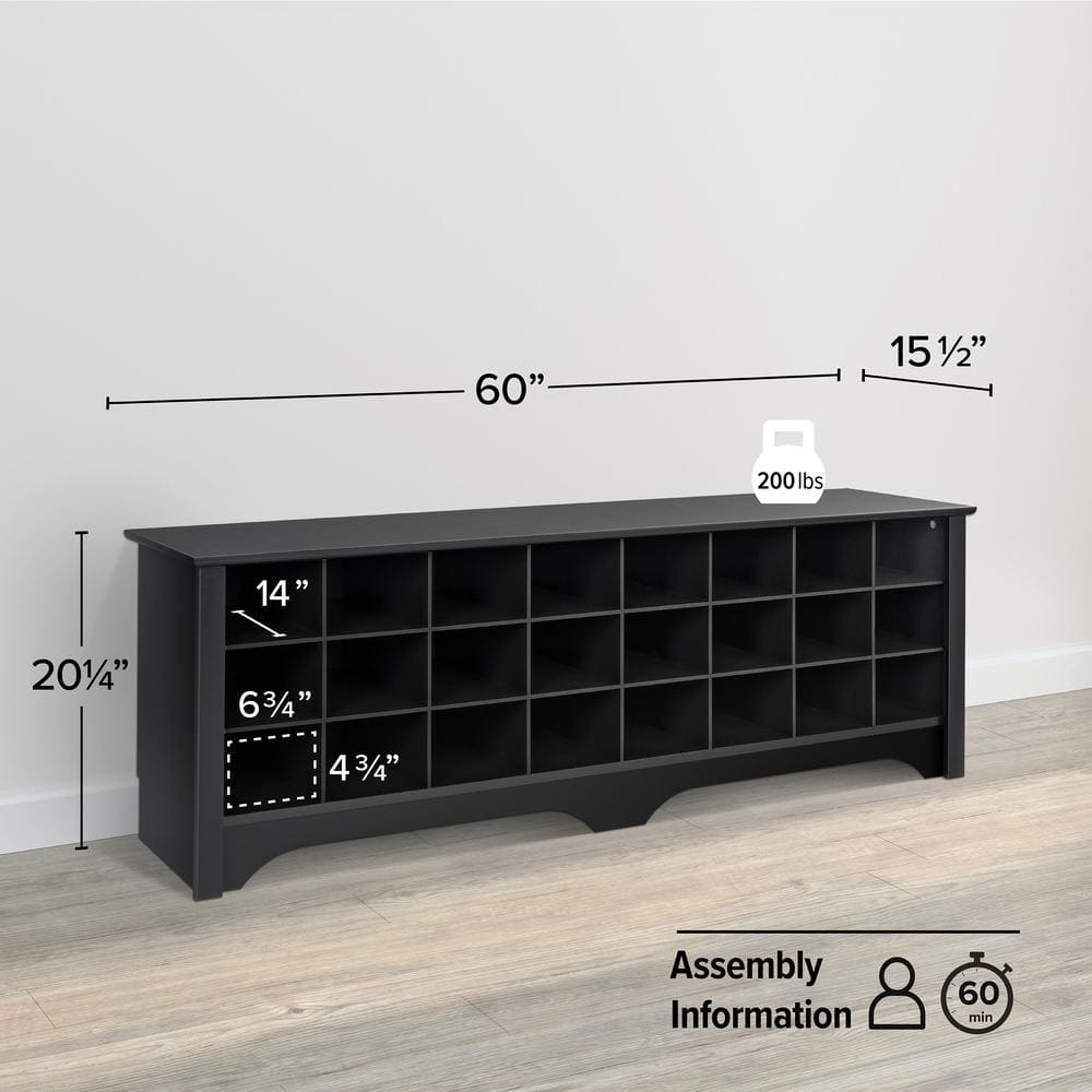 Black Engineered Wood Shoe Storage Bench with 24 Cubbies