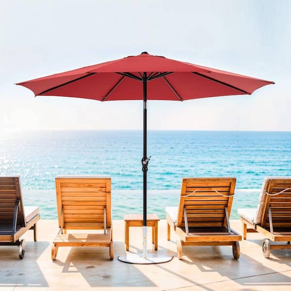 Outdoor 9 ft. Alloy Steel Push Button Tilt and Crank Patio Umbrella Market Umbrella in Red for Deck, Pool
