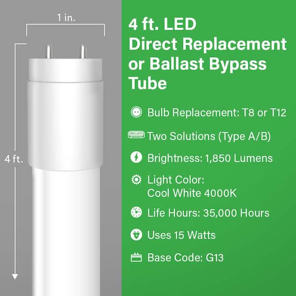 4 ft. 15-W G13 Type AB T8 Plug and Play Or T8/T12 Ballast Bypass Linear LED Tube Light Bulb, Cool White 4000K (10-Pack)