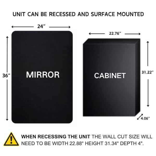 TEHOME Garnes 24 in. W x 36 in. H Rectangular Recessed or Surface Mount Metal Framed Medicine Cabinet with Mirror in Black