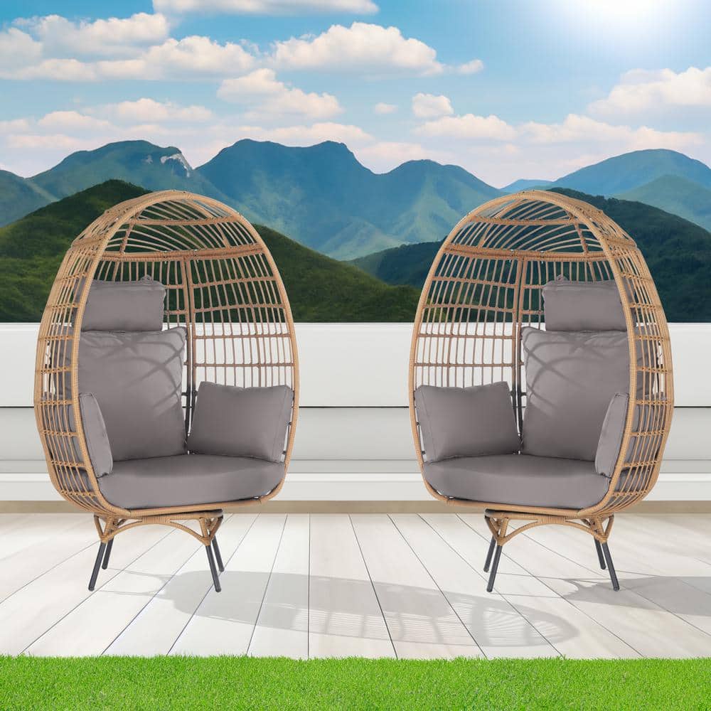 2-Pieces Patio Wicker Swivel Egg Chair, Oversized Indoor Outdoor Egg Chair,