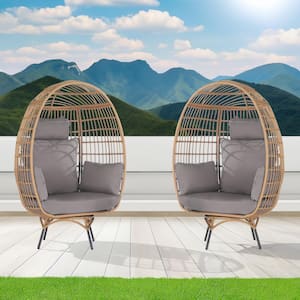 2-Pieces Patio Wicker Swivel Egg Chair, Oversized Indoor Outdoor Egg Chair, Brown Rattan Light Gray Cushions