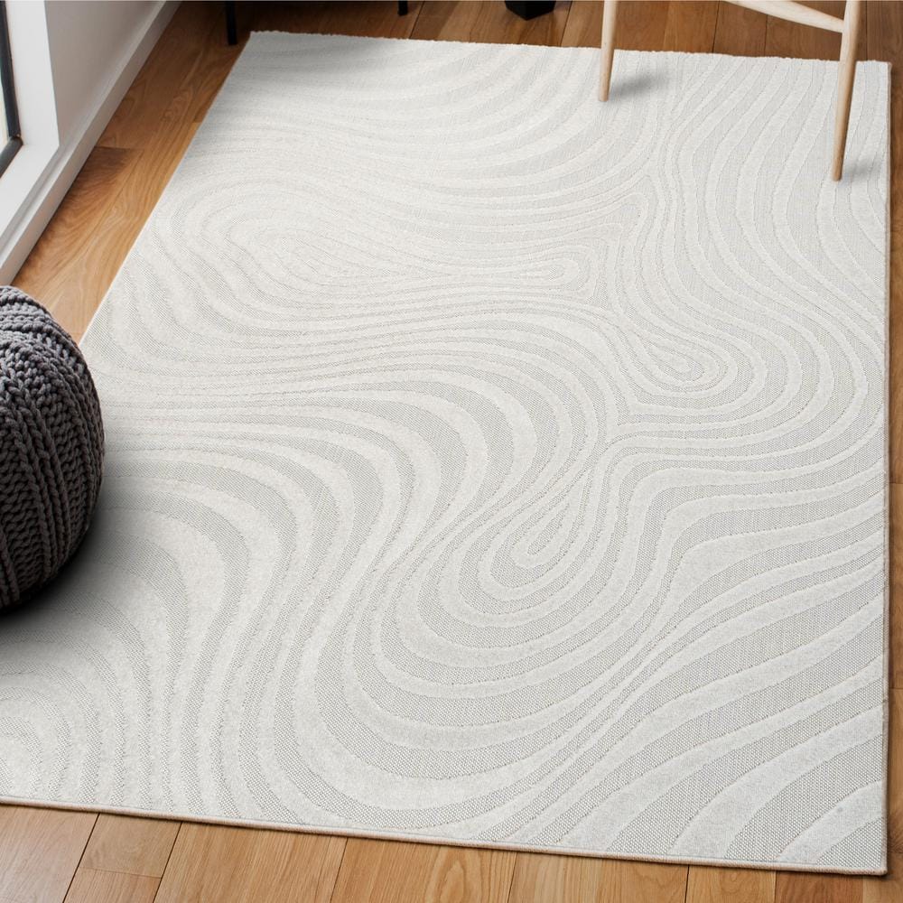 Ivory and Cream High-Low Striped 8' x 10' Synthetic Area Rug