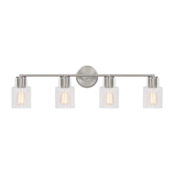 SCOTT LIVING Sayward 32.375 in. W x 9.625 in. H 4-Light Brushed Steel Bathroom Vanity Light with Clear Glass Shades